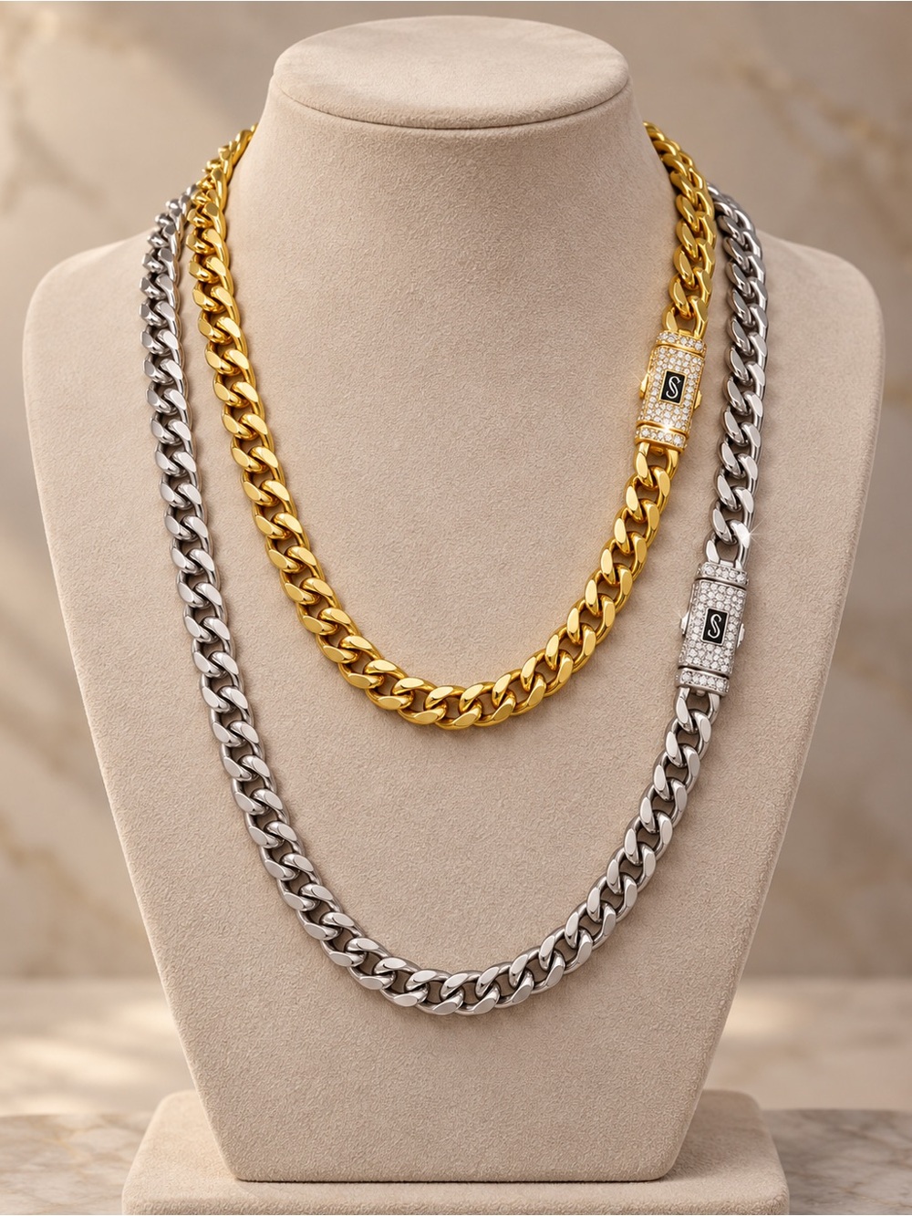 14k gold plated Men's Cuban Link Chain Necklace Set - Gold & Silver